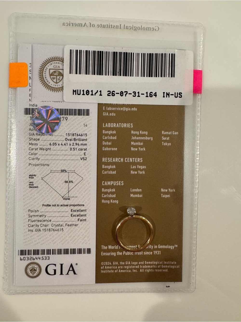0.51 ct natural Certified Diamond Ring - 18 k Gold Band with White Diamond